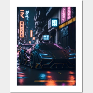 Dark Sports Car in Japanese Neon City Posters and Art